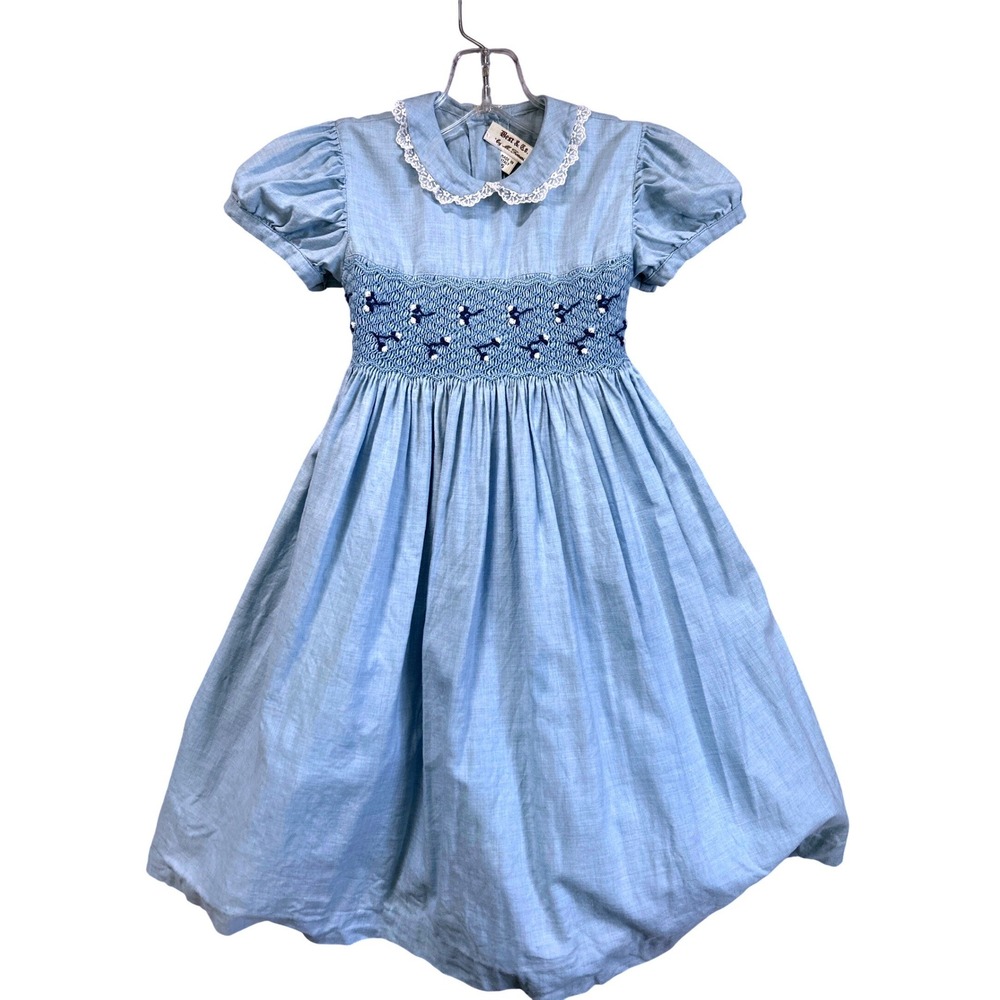 Best & Co Smocked VTG Girls Cottage Dress Blue Lace Collar Wool Cotton Italy
